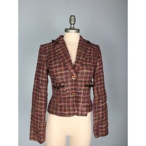 VTG Y2K Express 2 Tweed Jacket Fitted Pink Brown Velvet Bows Office Siren Twee